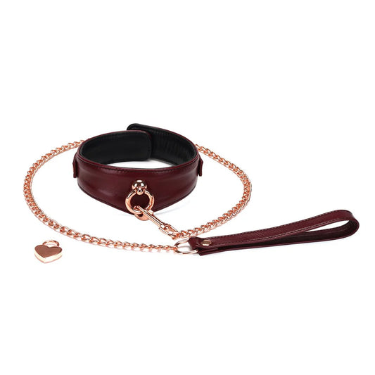 Wine Red Leather Collar with Leash